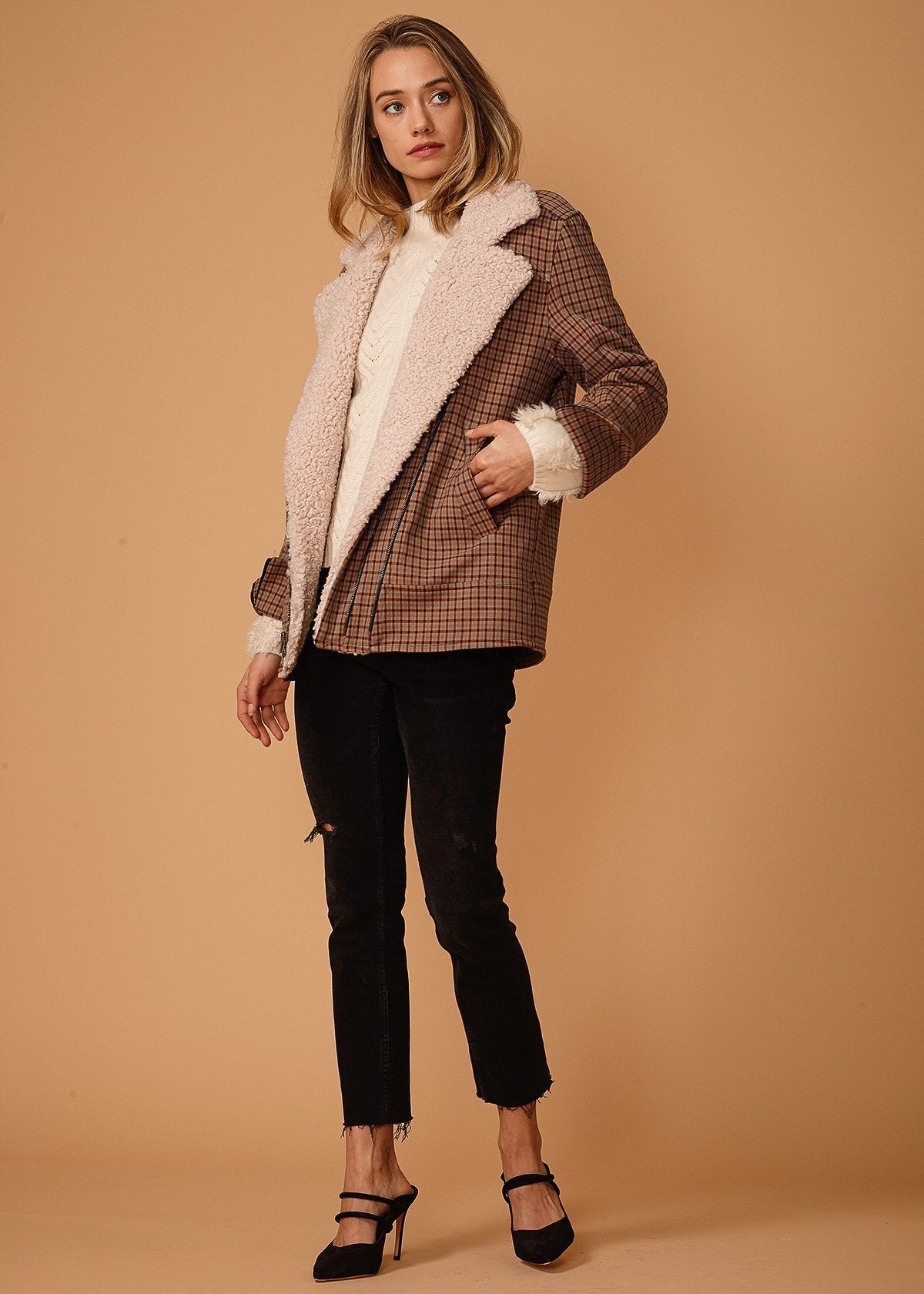 Peach Gingham Zip Coat