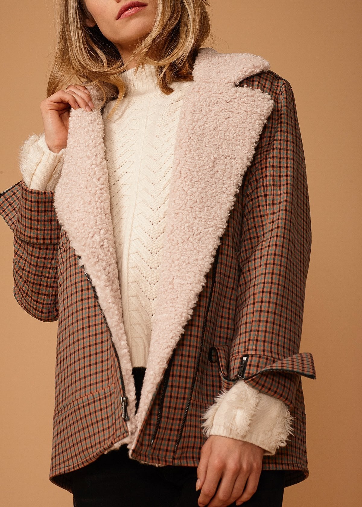 Peach Gingham Zip Coat