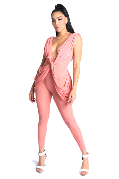 sexy  Sleeveless Lightweight Draped Mesh Jumpsuit