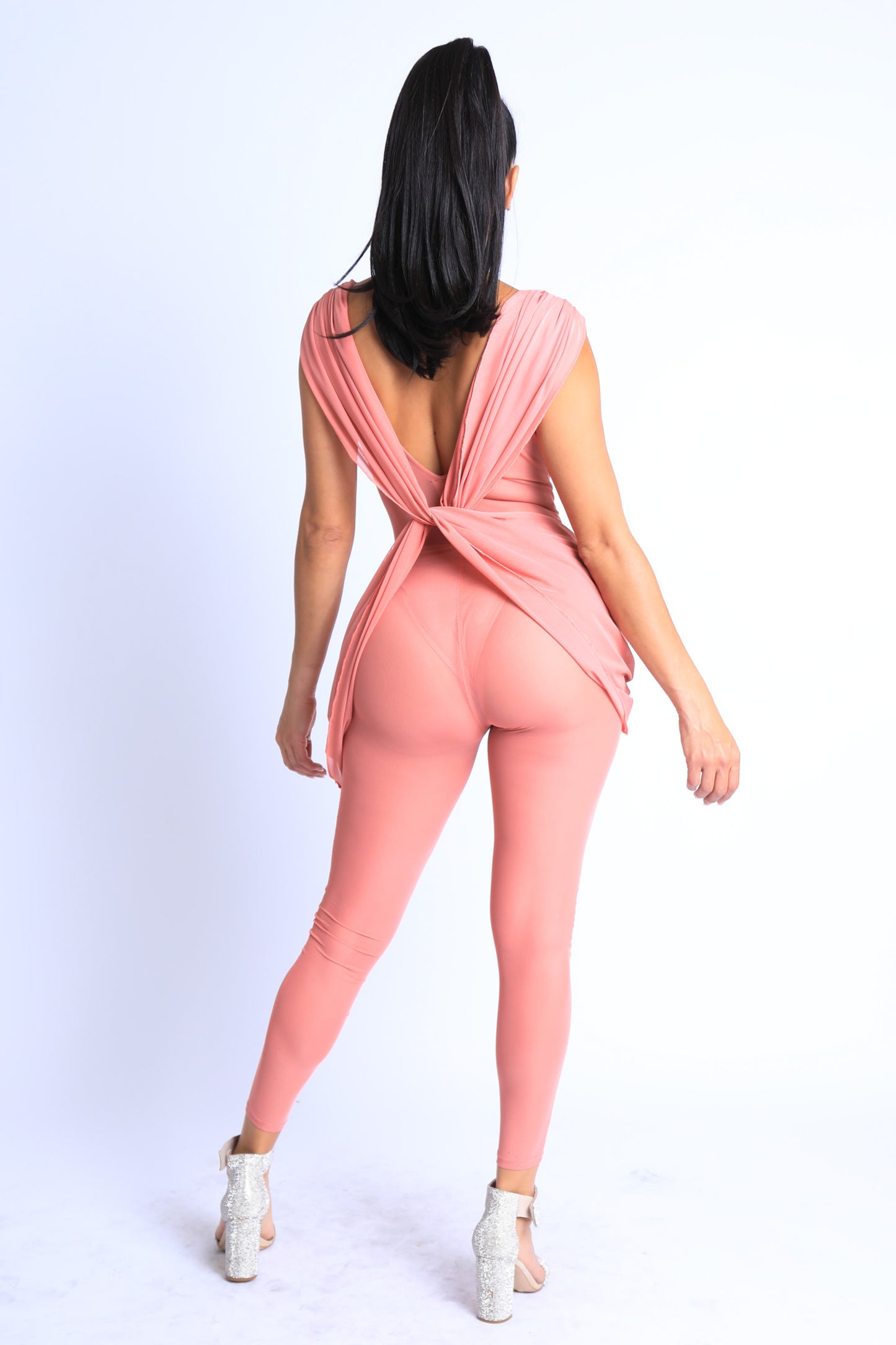 sexy  Sleeveless Lightweight Draped Mesh Jumpsuit